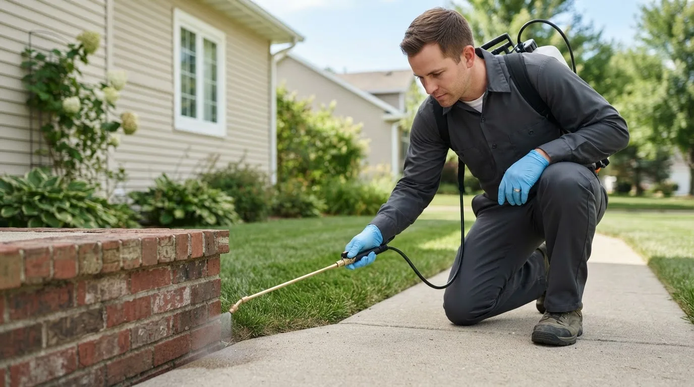 Pest control technician treating a home near Boonville, NY